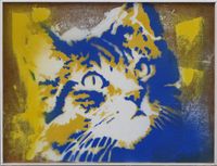Katze III blau gelb Hans-J&uuml;rgen Vogt L&ouml;rrach