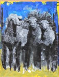 Schafe Siebdruck blau gelb schwarz Hans Juergen Vogt L&ouml;rrach Kunst