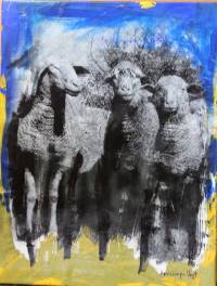 Schafe1 Siebdruck blau gelb schwarz Hans Juergen Vogt L&ouml;rrach Kunst